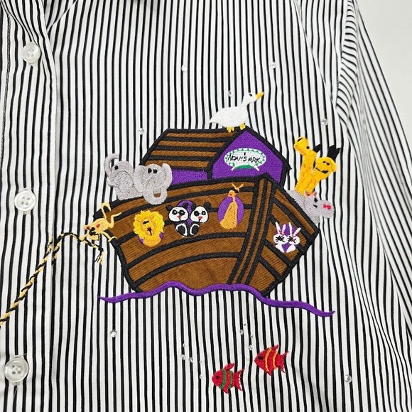 Vintage The Quacker Factory Top M White Striped Embroidered Button Up Noah's Arc - Picture 3 of 11